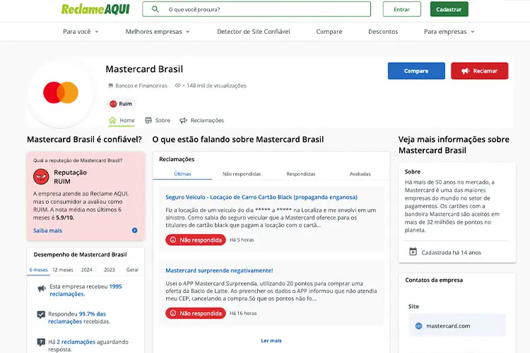 Avaliação da Mastercard no Reclame Aqui