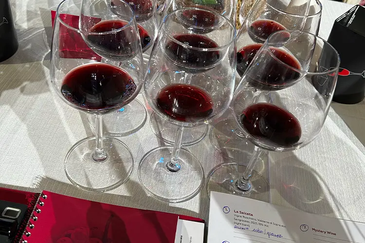 várias talas de vinho tinto em prova profissional na Itália
