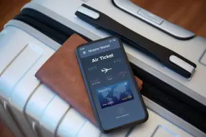 Celular e passaporte sobre mala