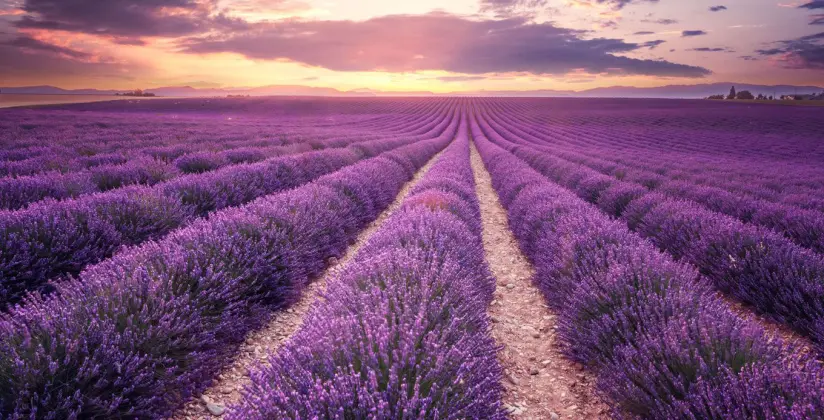 O campo de lavandas no pôr do sol