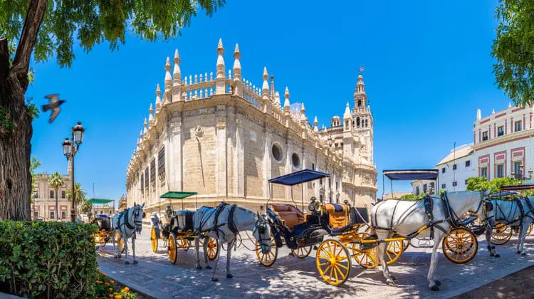 Parte da Catedral de Sevilha com cavalos