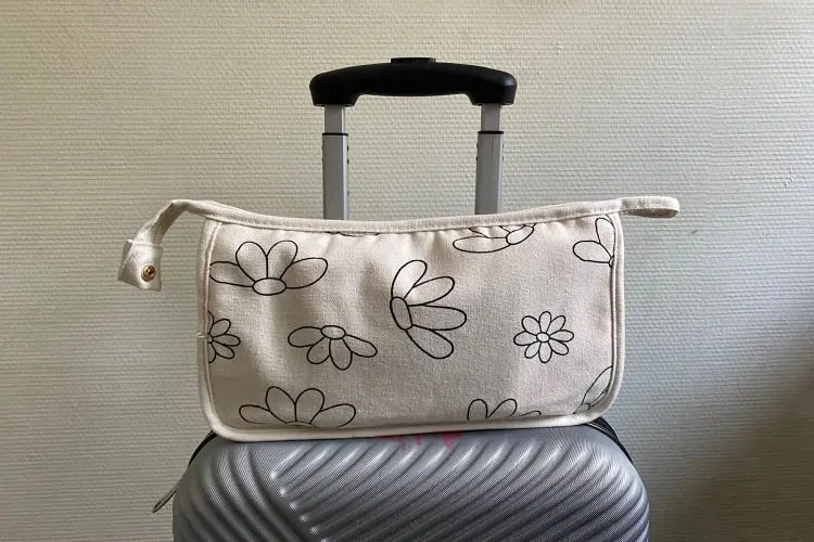 Necessaire em cima de mala de rodinhas.