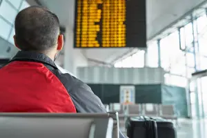 Pessoa que, ao sofrer atraso de voo, está olhando painel de aeroporto