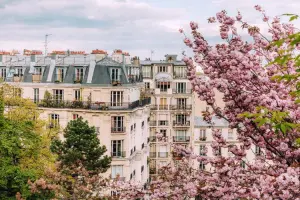 Vista de prédios parisienses durante primavera, a melhor época para visitar a França