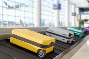 Fileira de malas de viagem em esteira de aeroporto