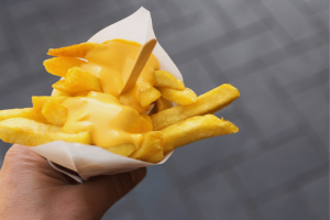 mão segurando um cone de batatas holandesas na rua