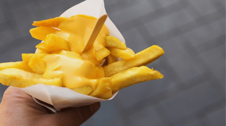 mão segurando um cone de batatas holandesas na rua