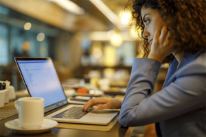Mulher utilizando computador pessoal em uma sala vip