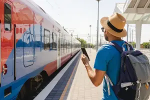 Turista com celular na mão em estação de trem