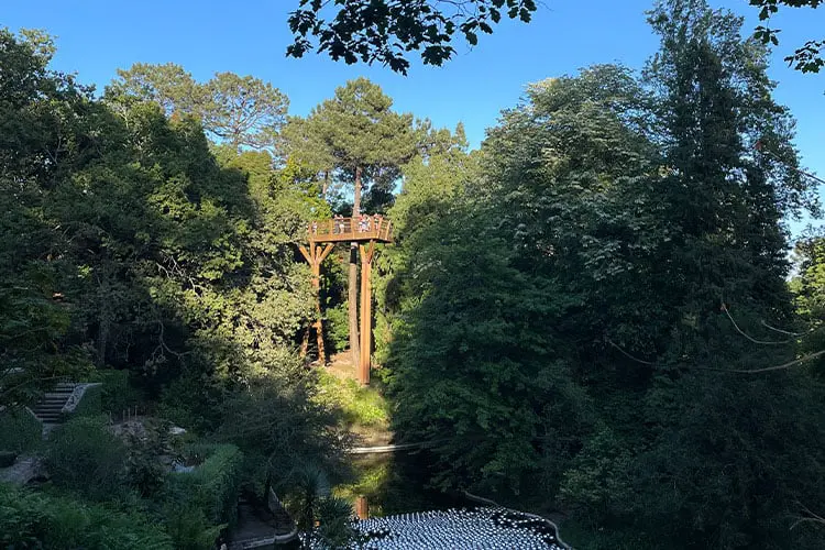 Parte da Treetop Walk e árvores altas no jardim de Serralves