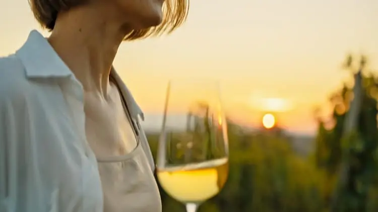 Mulher aprecia vinho em vinícolas de Portugal.
