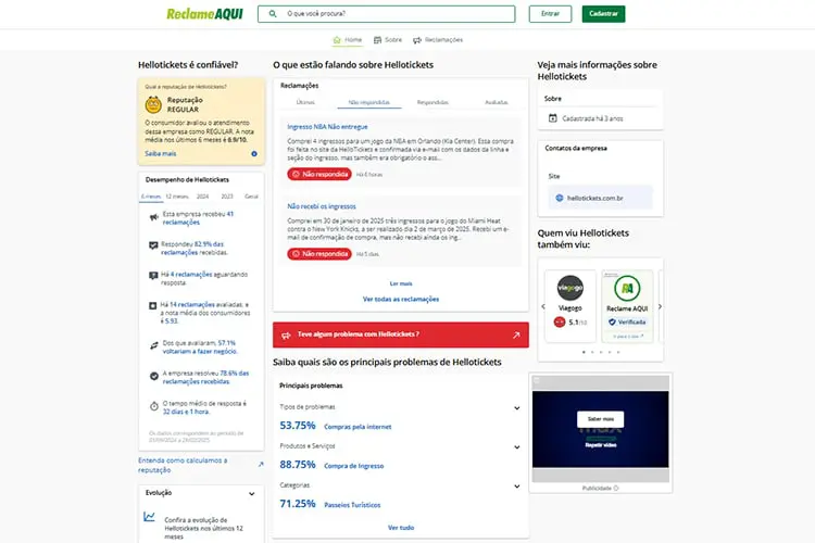 Perfil da empresa Hellotickets no Reclame Aqui