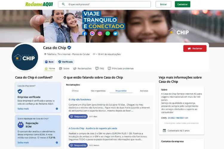 Perfil da A Casa do Chip no Reclame Aqui