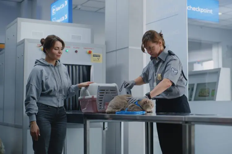 Mulher passando na revista do aeroporto com o seu gato