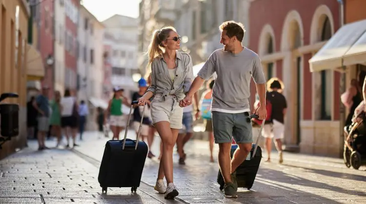 Casal viajando com malas em uma rua europeia