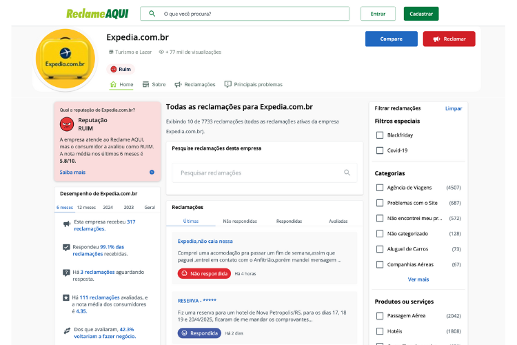 Avaliação da Expedia no Reclame Aqui