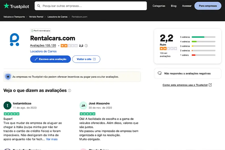 Avaliação da Rentalcars no Trustpilot
