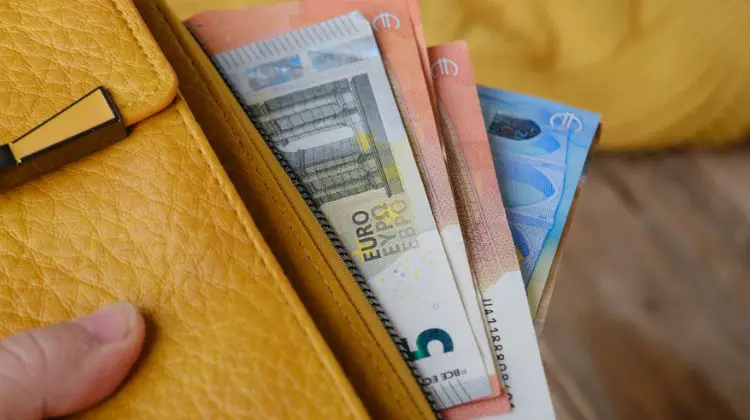 Mão segura carteira amarela com cédulas de euro à mostra