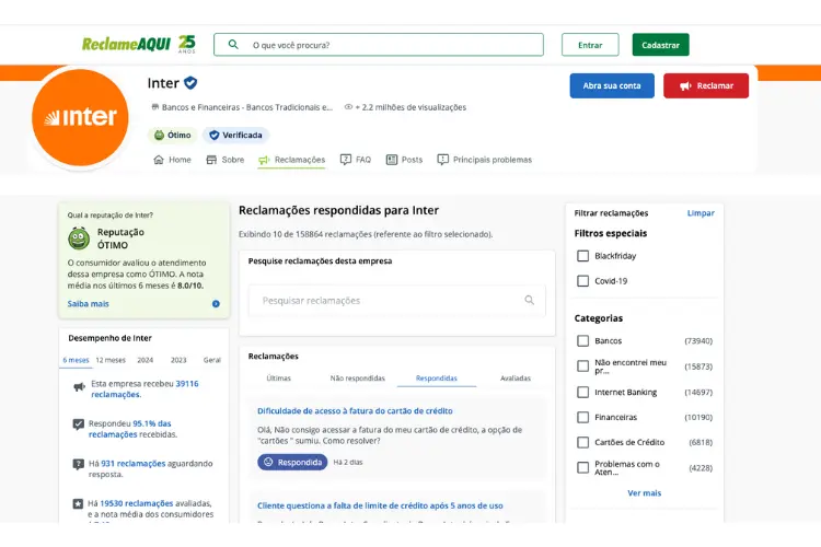 Avaliação do Banco Inter no Reclame Aqui.