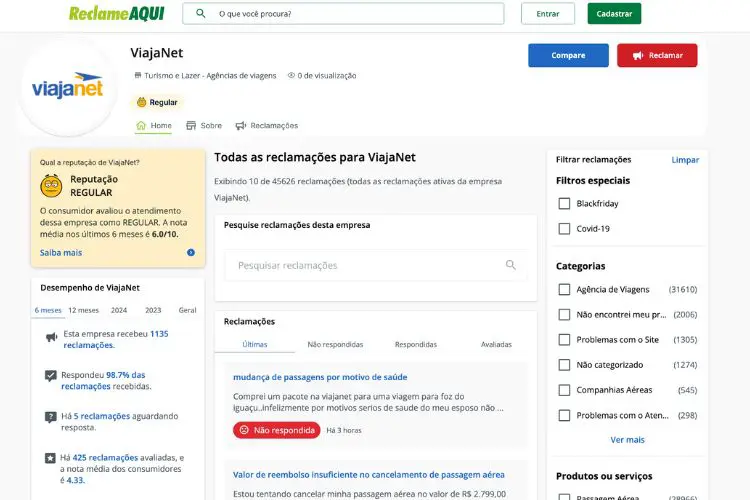 Perfil do ViajaNet no Reclame Aqui.