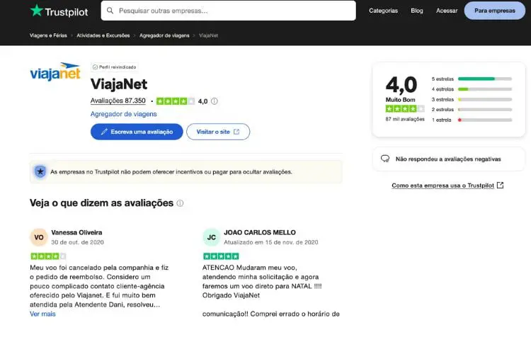 Avaliação do ViajaNet no Trustpilot.