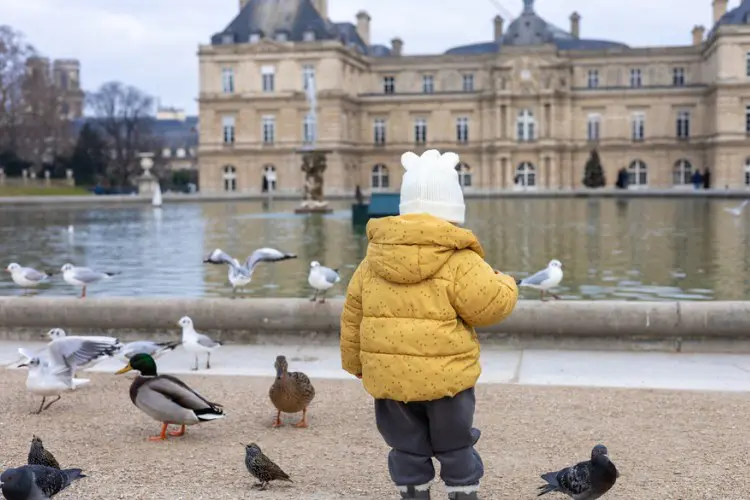 Criança brincando com os pombos em Paris