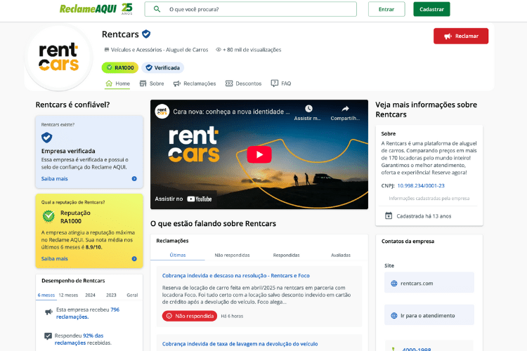 Perfil da Rentcars no Reclame Aqui.