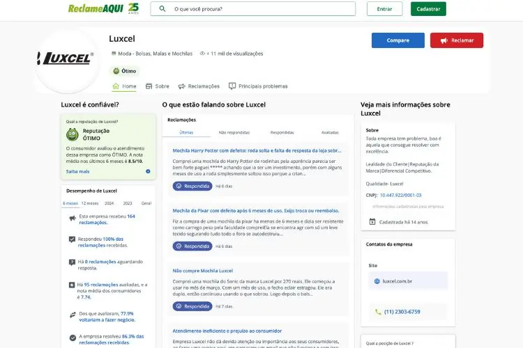 Avaliação da mala Luxcel no Reclame Aqui.