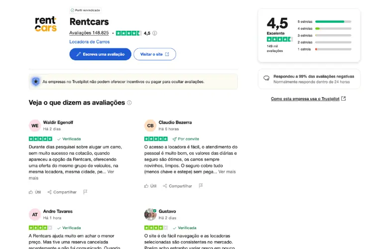 Avaliação da Rentcars no Trustpilot.