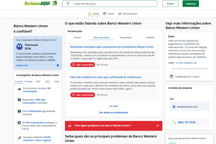 Avaliação da Western Union no Reclame Aqui.