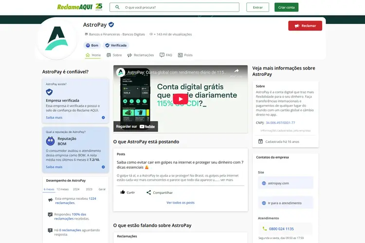 Avaliação do AstroPay no Reclame Aqui.