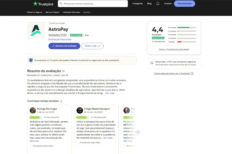 Perfil do AstroPay no Trustpilot.