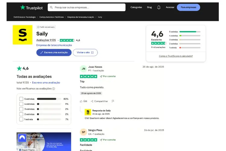 Print do perfil mostra que o Saily é confiável no Trustpilot