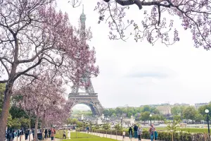 Vista da Torre Eiffel na primavera.