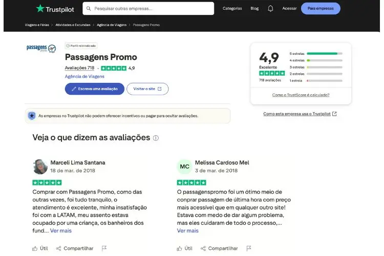 Avaliação do Passagens Promo no Trustpilot.