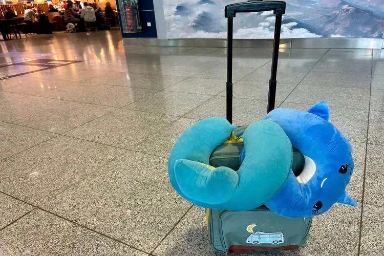 Mala de mão infantil com os travesseiros das crianças, no aeroporto alemão simboliza o voo de volta sozinha com crianças pequenas