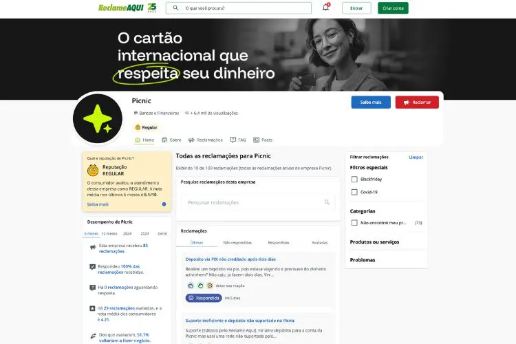 Página do Reclame Aqui exibindo o perfil da empresa Picnic, com avaliações, reclamações e indicadores de reputação.