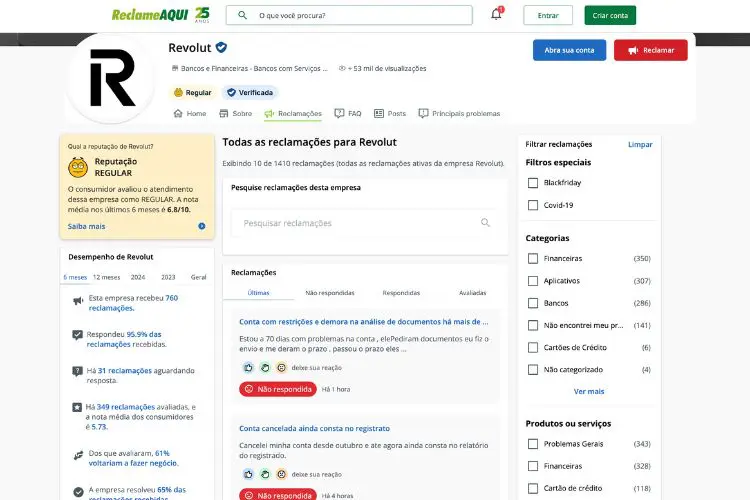 Captura de tela do perfil da Revolut no Reclame Aqui