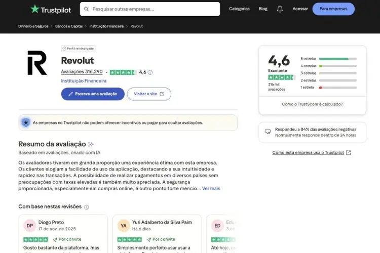 Avaliação da Revolut no Trustpilot em 2025