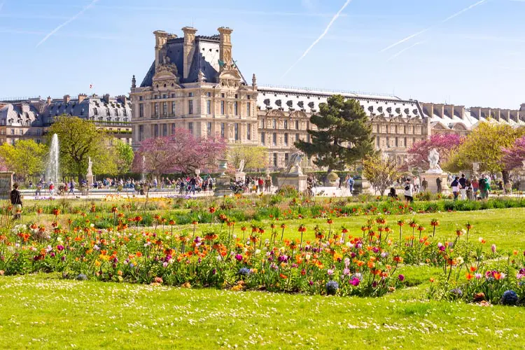 Flores decoram o Jardin des Tuileries perto do Museu do Louvre