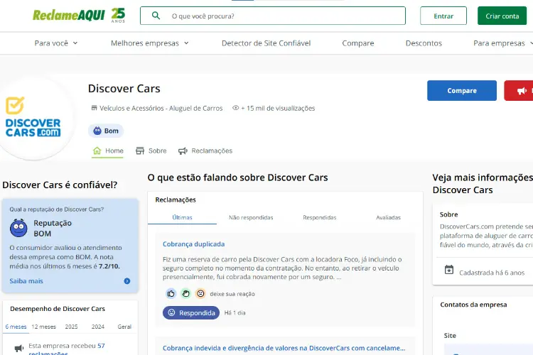 Capturad e tela da página DiscoverCars no Reclame Aqui