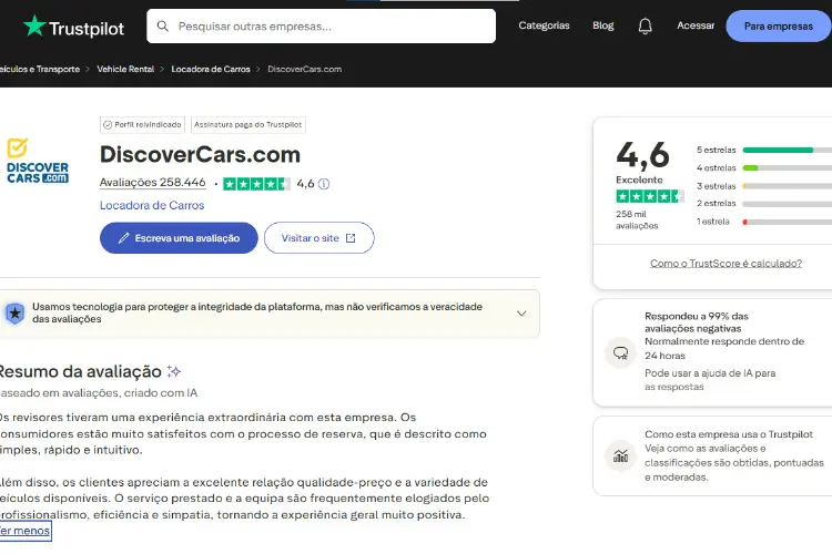 Captura de tela da página DiscoverCars no Trustpilot