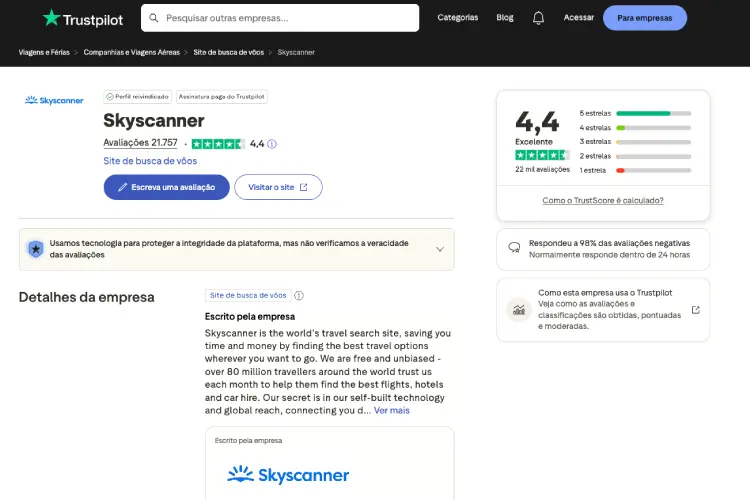 Avaliação da Skyscanner no Trustpilot.
