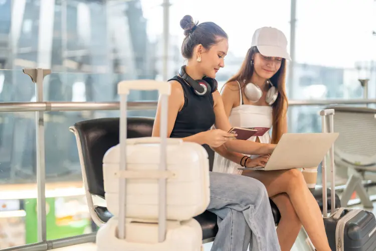 Viajantes comparando passagens na Skyscanner.